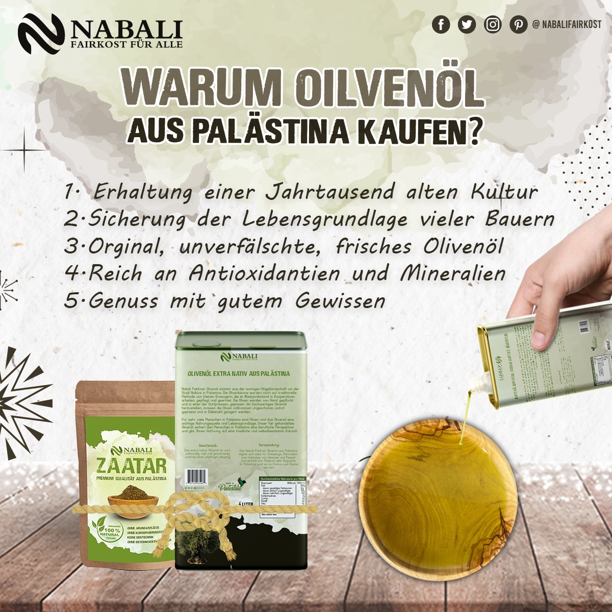 Warum Olivenöl aus Palästina kaufen? - Liste der Vorteile von Nabali Fairkost Olivenöl, inklusive einer Dose Olivenöl und einer Packung Zaatar