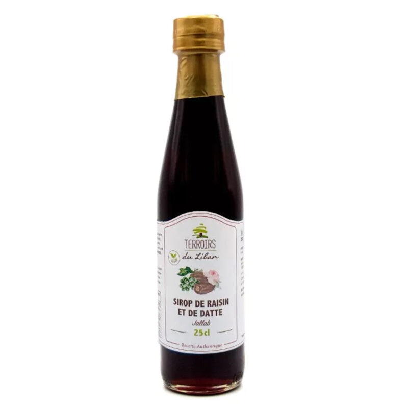 Eine Flasche Terroirs du Liban Dattelsirup, 25cl, mit goldenem Verschluss und weißem Etikett.